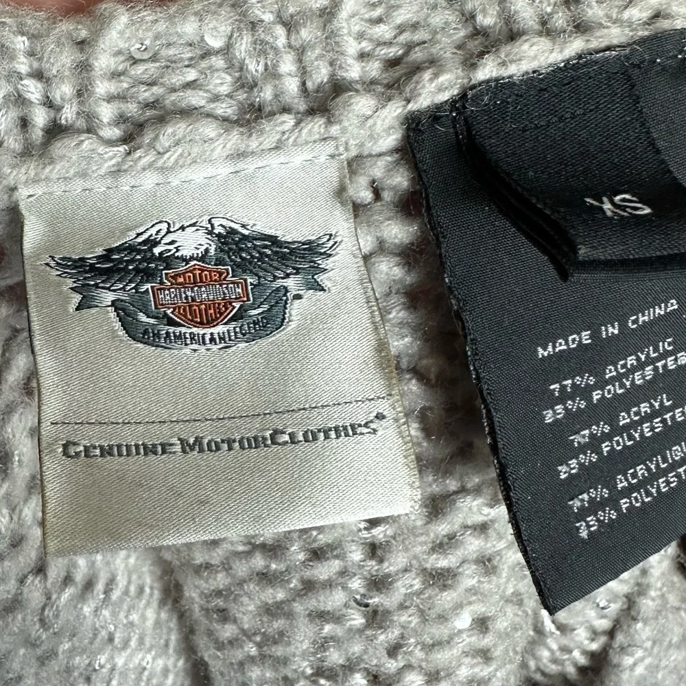Harley Davidson Sequined Gray Open Knit Scoop Neck Embroidered Silver Sweater XS